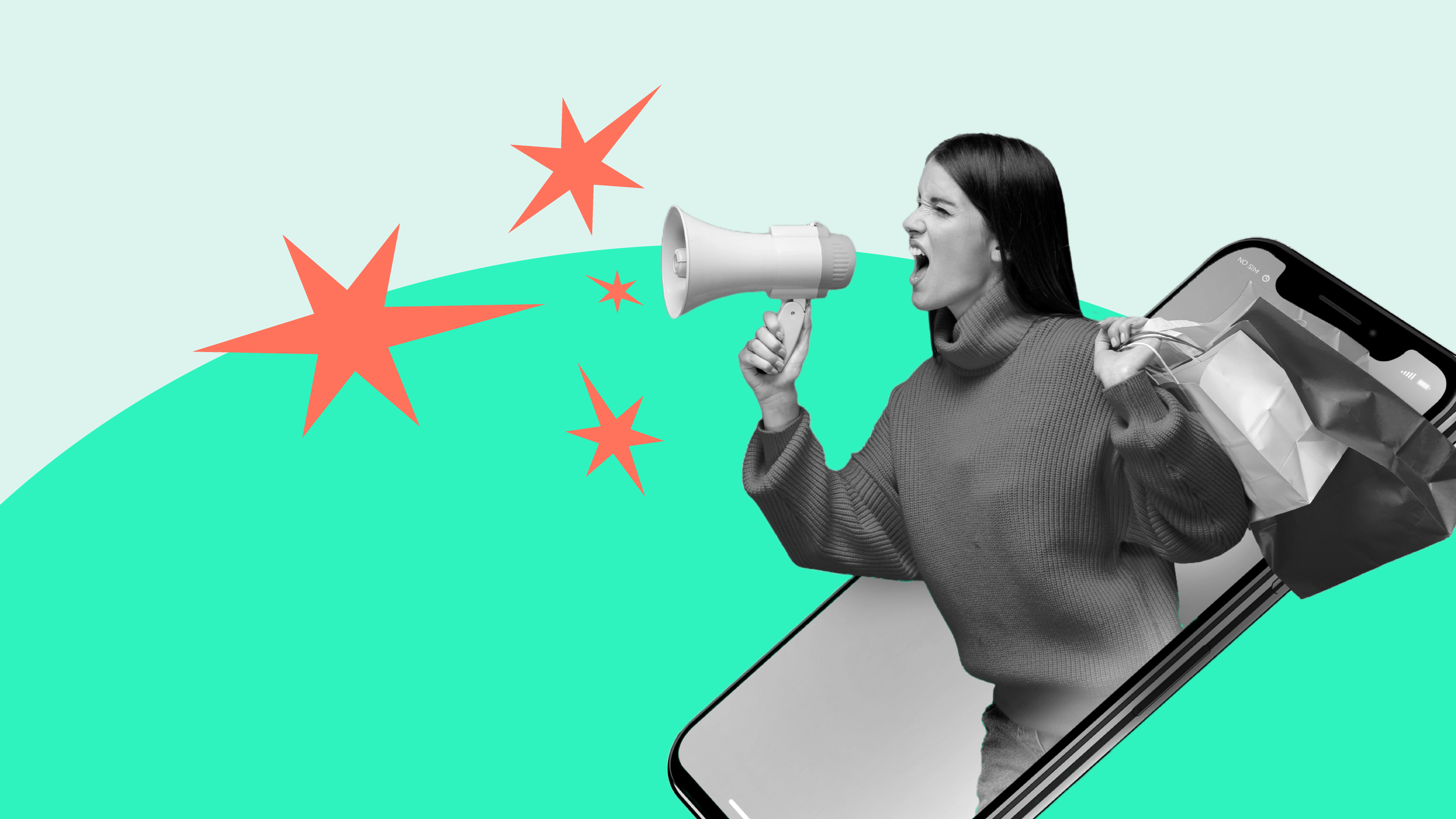 A woman uses a loudspeaker to market brands to her audience, for which she receives commission from those brands as a side hustle
